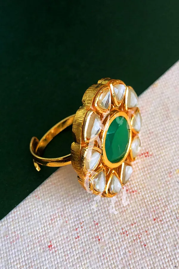 Round Green Kundan Ring