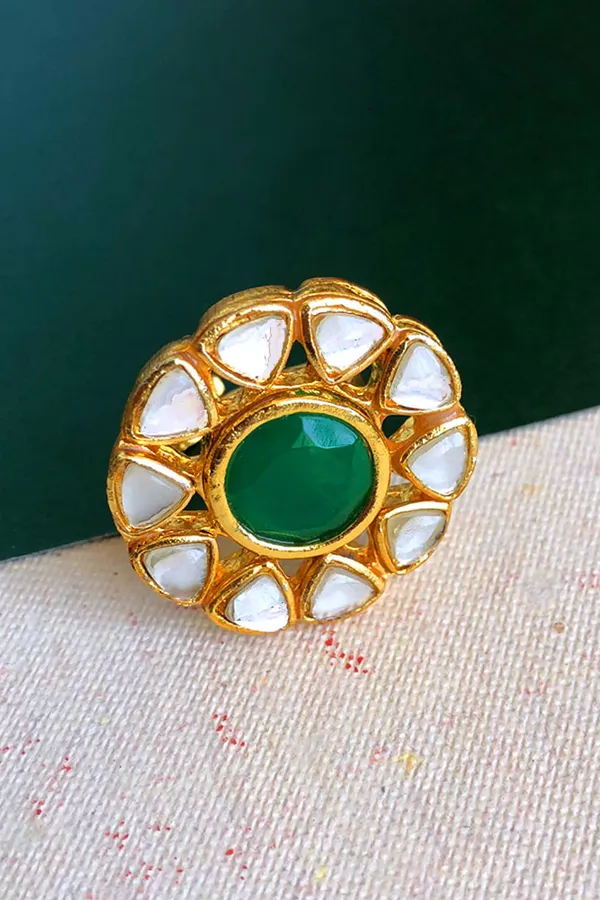 Round Green Kundan Ring
