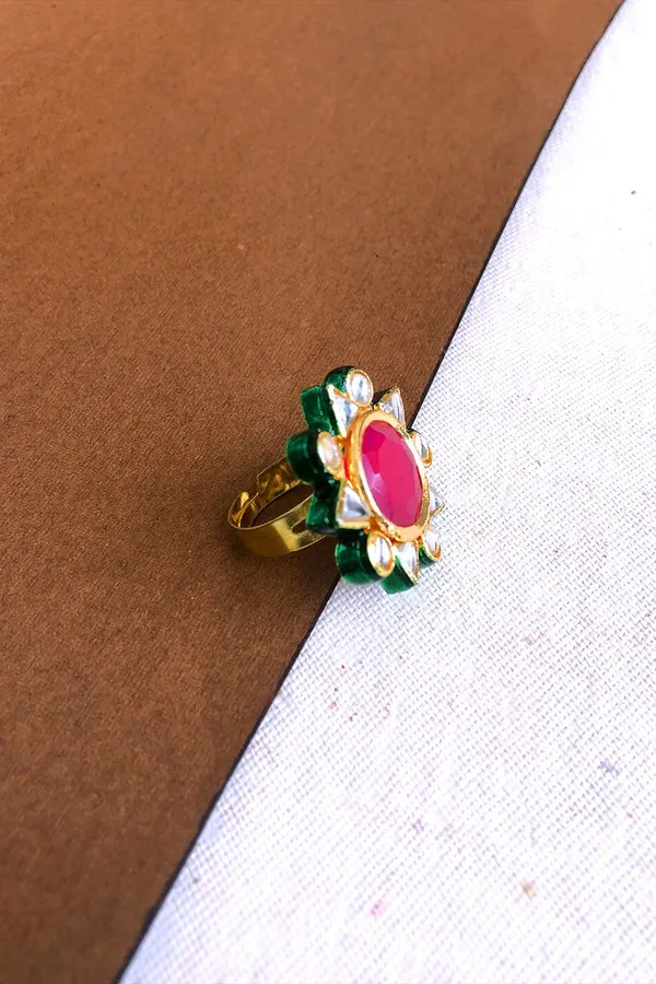 Red and Golden Kundan Ring