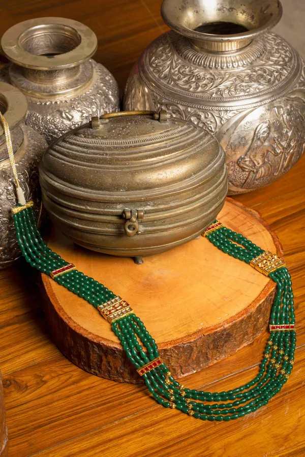 Red Meenakari Emeralds Beads Necklace