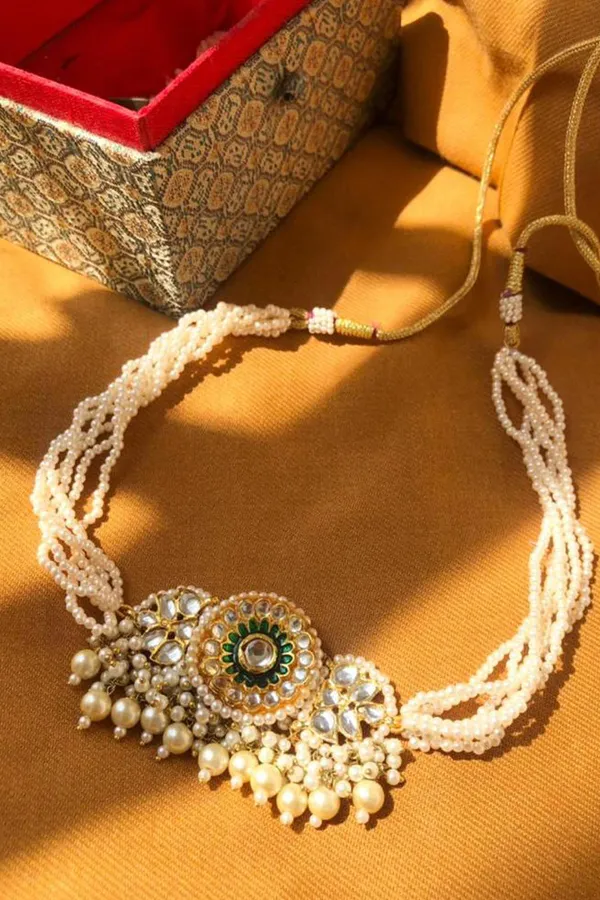 Green & Gold Meenakari Choker with Pearl Drops