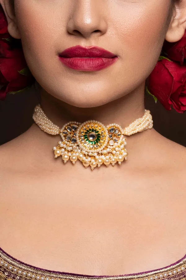 Green & Gold Meenakari Choker with Pearl Drops