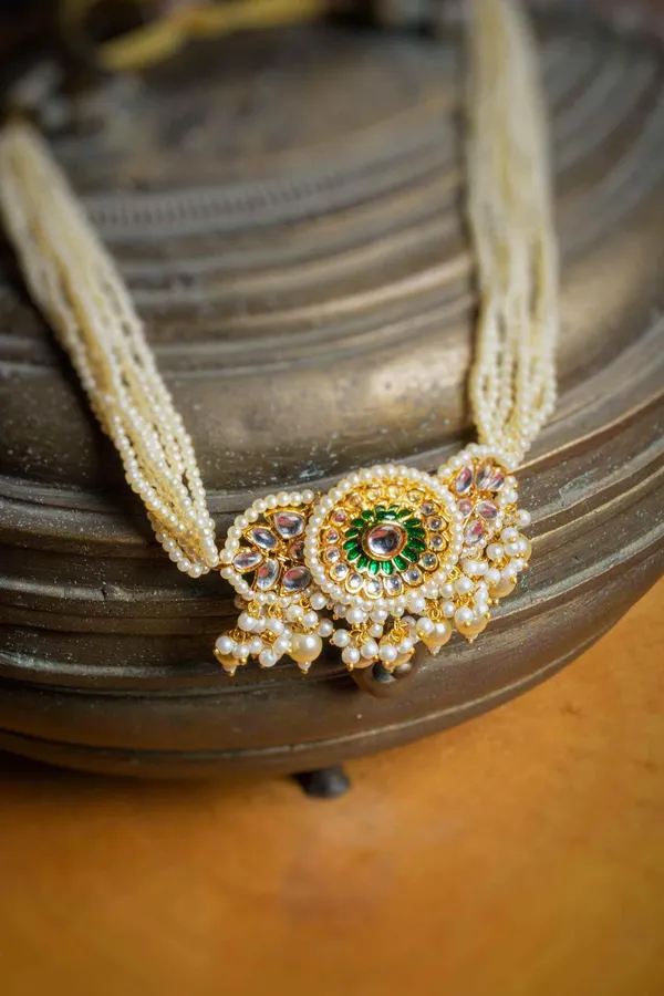 Green & Gold Meenakari Choker with Pearl Drops