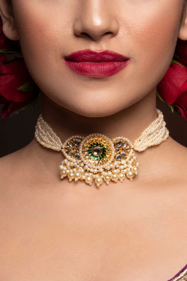 Green & Gold Meenakari Choker with Pearl Drops