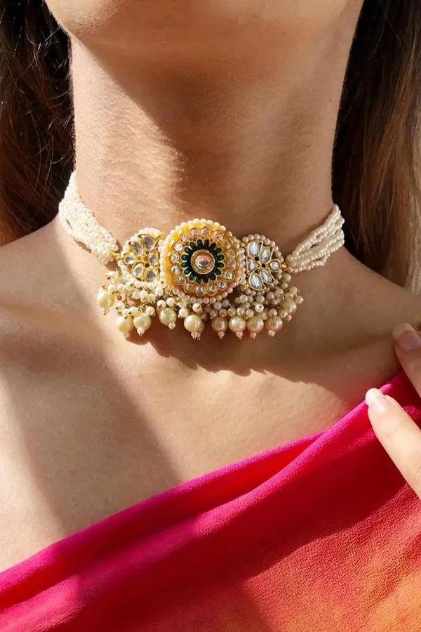Green & Gold Meenakari Choker with Pearl Drops
