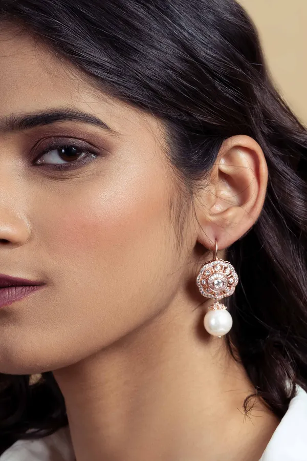 Rose Gold Flower Zirconia White Pearl Earrings