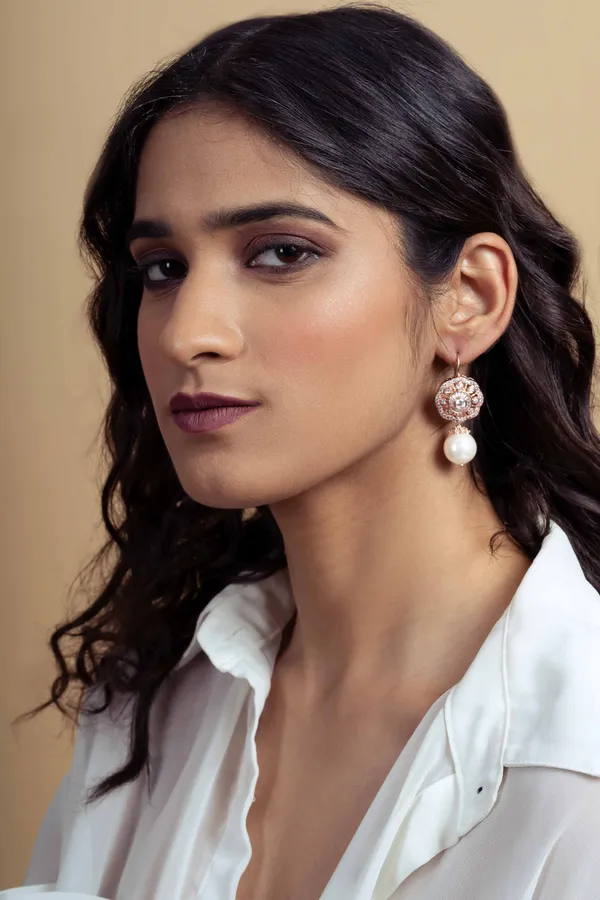 Rose Gold Flower Zirconia White Pearl Earrings