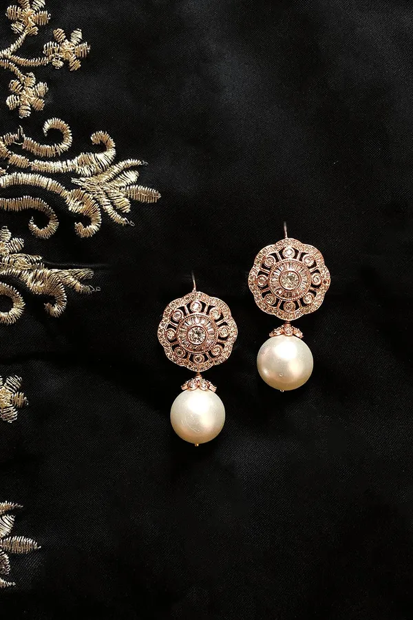 Rose Gold Flower Zirconia White Pearl Earrings