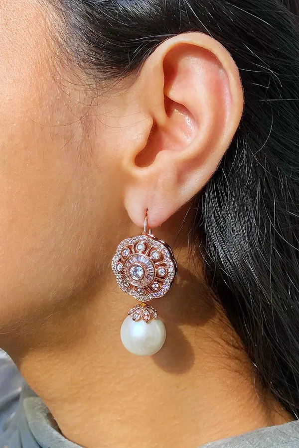 Rose Gold Flower Zirconia White Pearl Earrings