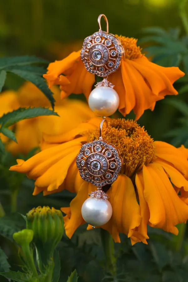 Rose Gold Flower Zirconia White Pearl Earrings