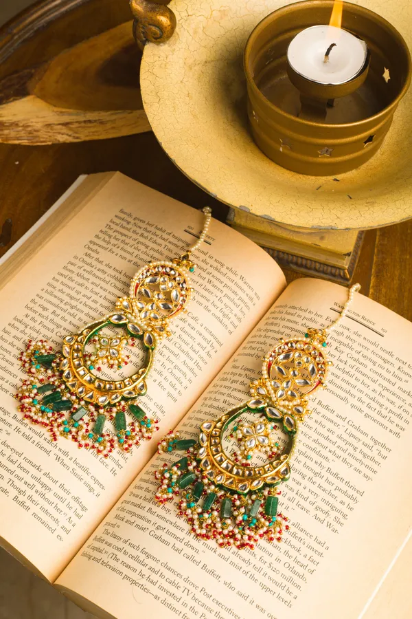 Gold Kundan Green Beads Earrings