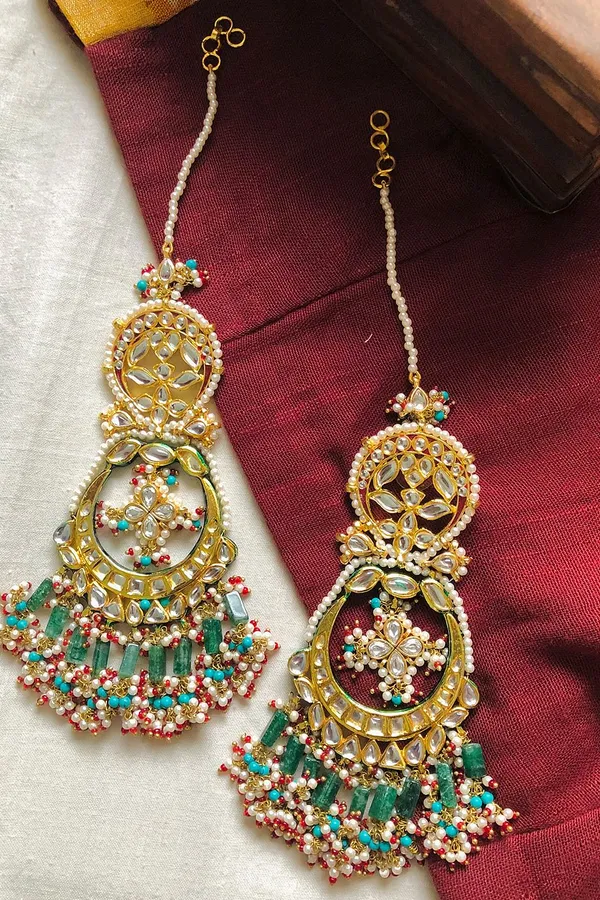 Gold Kundan Green Beads Earrings