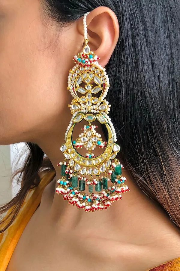 Gold Kundan Green Beads Earrings