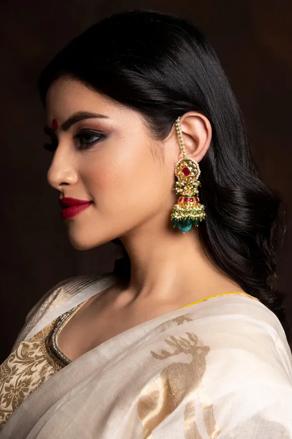 Red Kundan Feroza Drop Jhumki Earrings
