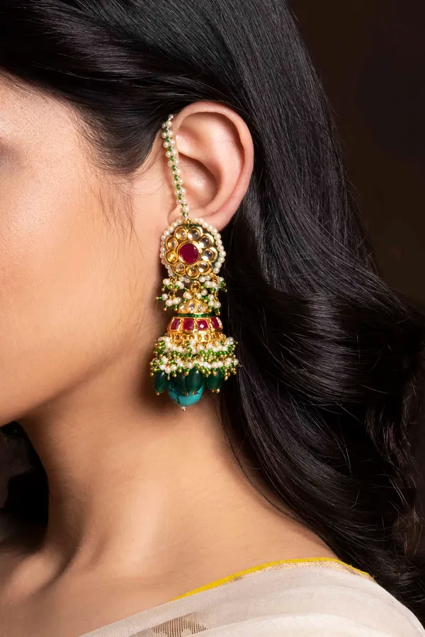 Red Kundan Feroza Drop Jhumki Earrings