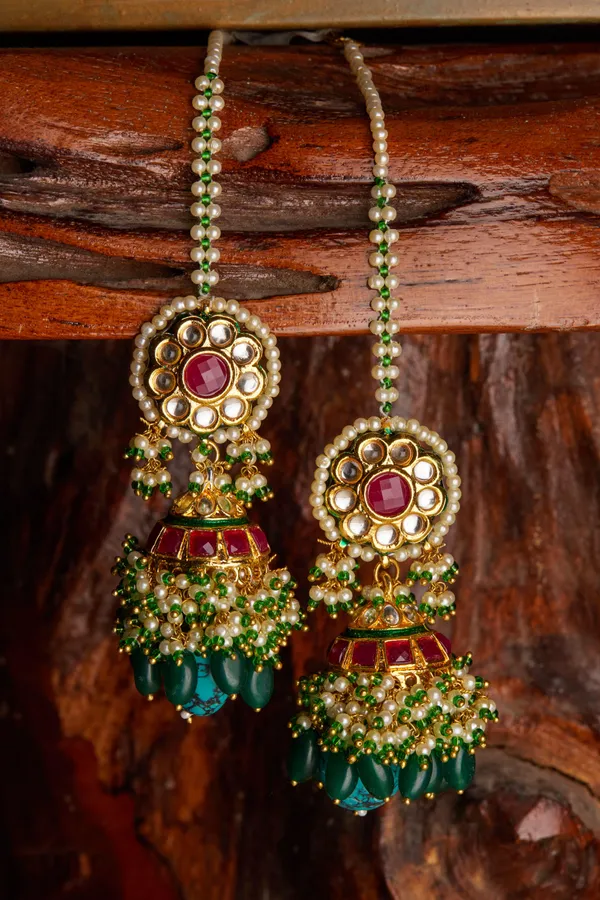 Red Kundan Feroza Drop Jhumki Earrings