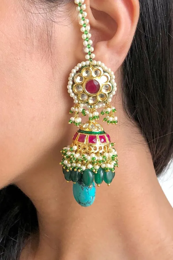 Red Kundan Feroza Drop Jhumki Earrings