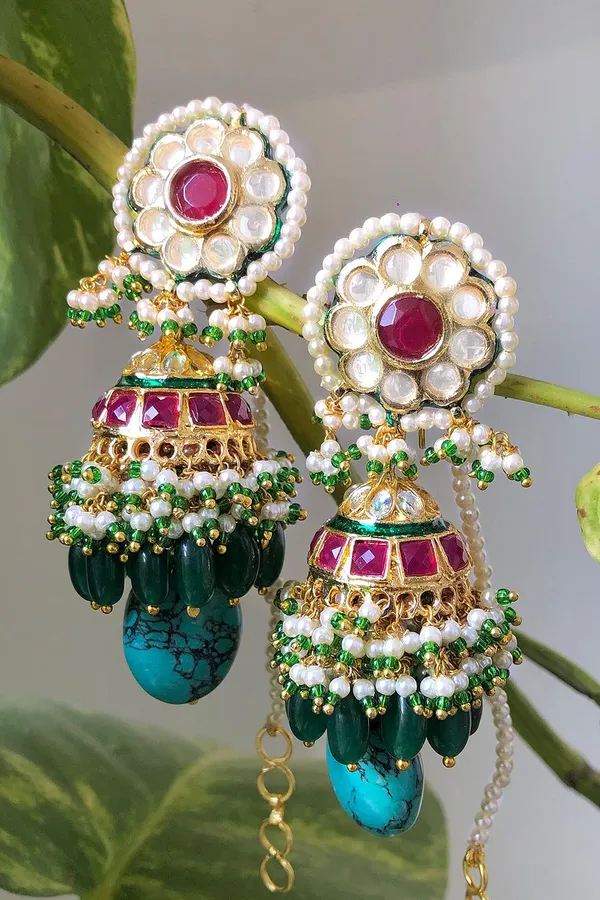 Red Kundan Feroza Drop Jhumki Earrings