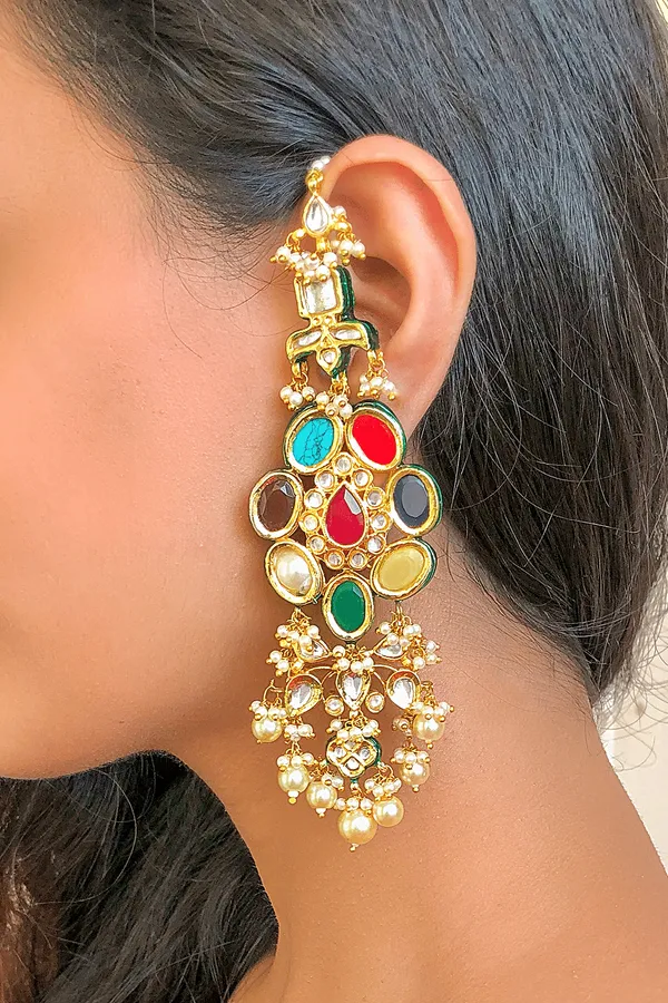 Long Kundan Navratan Danglers