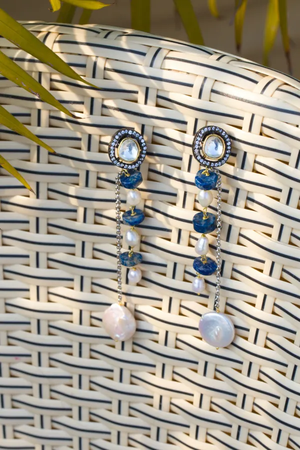 Pearl Drop Blue Stone Dangler Earrings