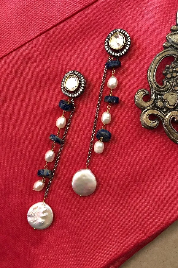 Pearl Drop Blue Stone Dangler Earrings