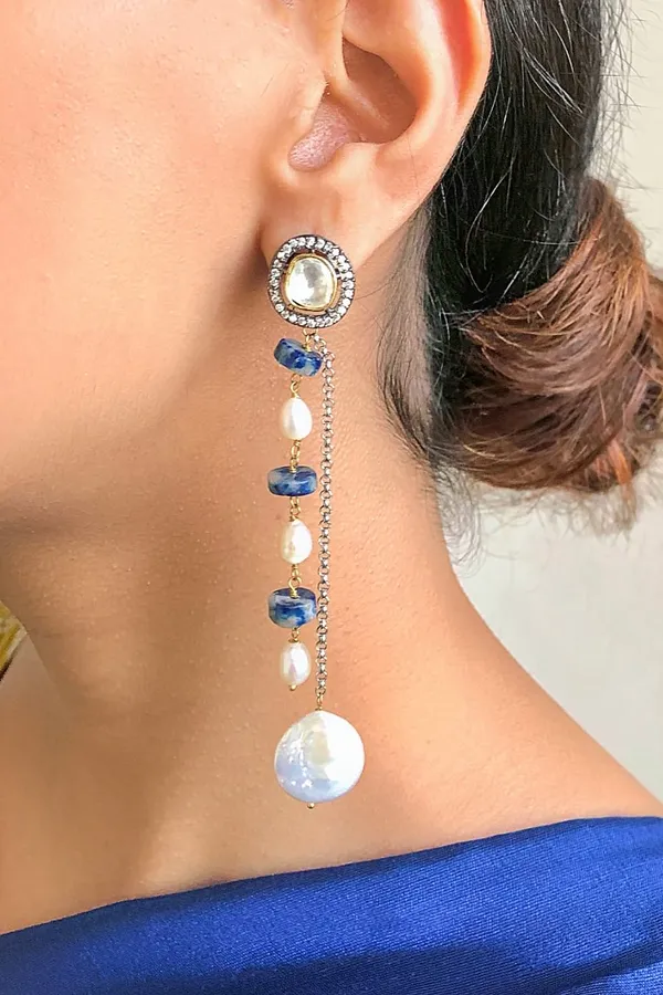Pearl Drop Blue Stone Dangler Earrings