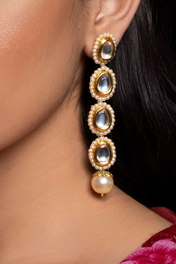 Pearl Drop Kundan Line Dangler Earrings