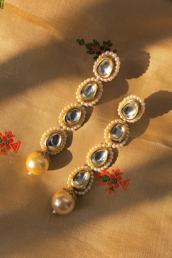 Pearl Drop Kundan Line Dangler Earrings