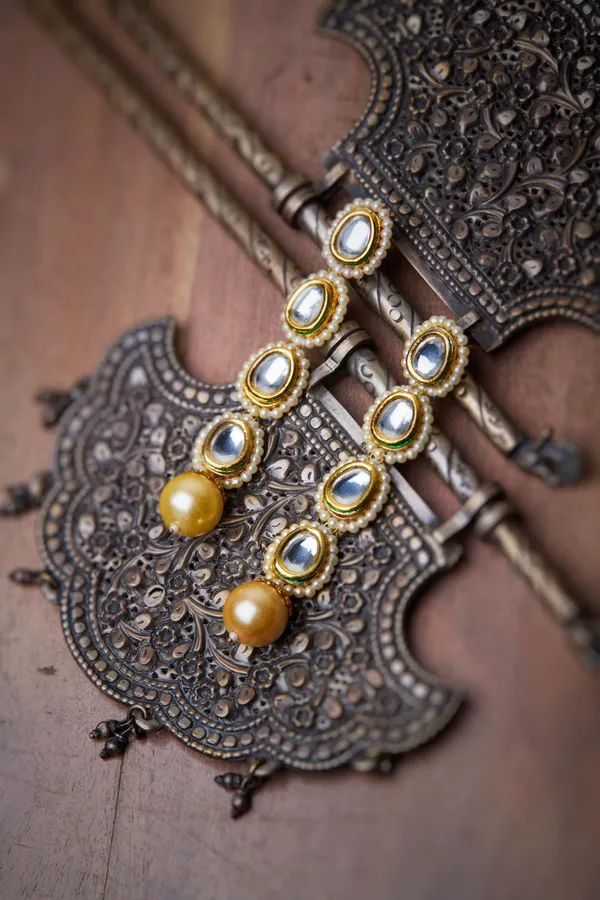Pearl Drop Kundan Line Dangler Earrings