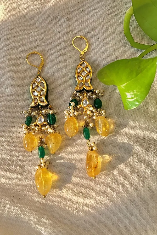 Kundan Fish Yellow Citrine Green Drops Dangler Earrings