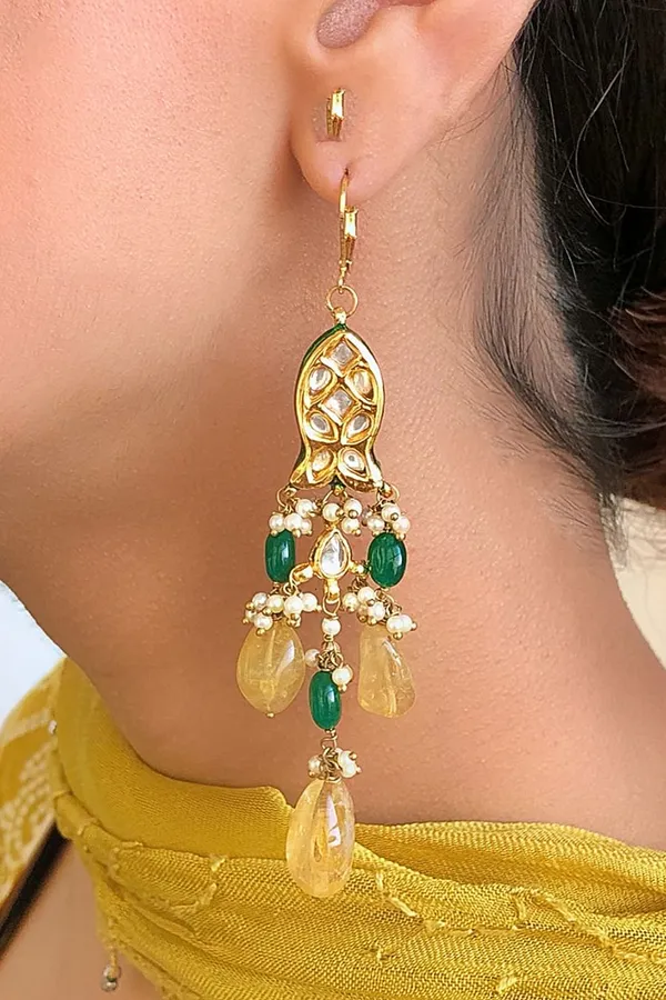 Kundan Fish Yellow Citrine Green Drops Dangler Earrings