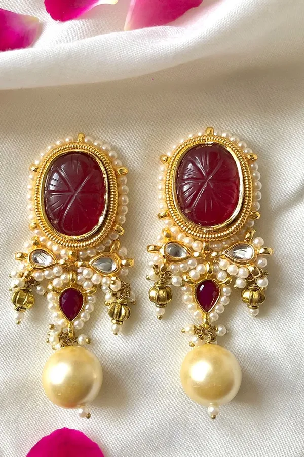 Carved Ruby Pearl Drop Kundan Dangler Earrings