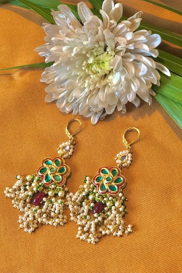 Green Red Pearl Drops Dangler Earrings
