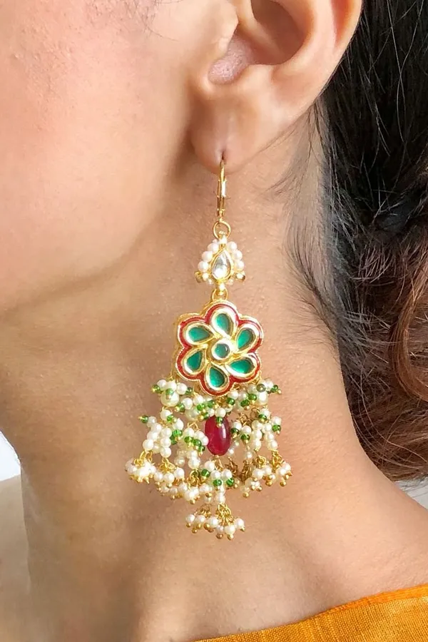 Green Red Pearl Drops Dangler Earrings