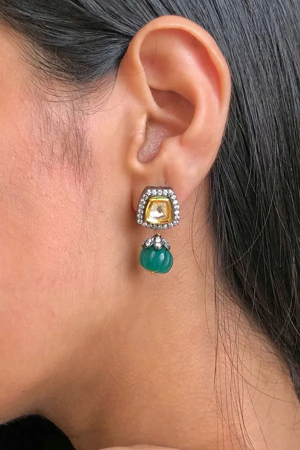 Carved Green Drop Zircon Stud Earrings