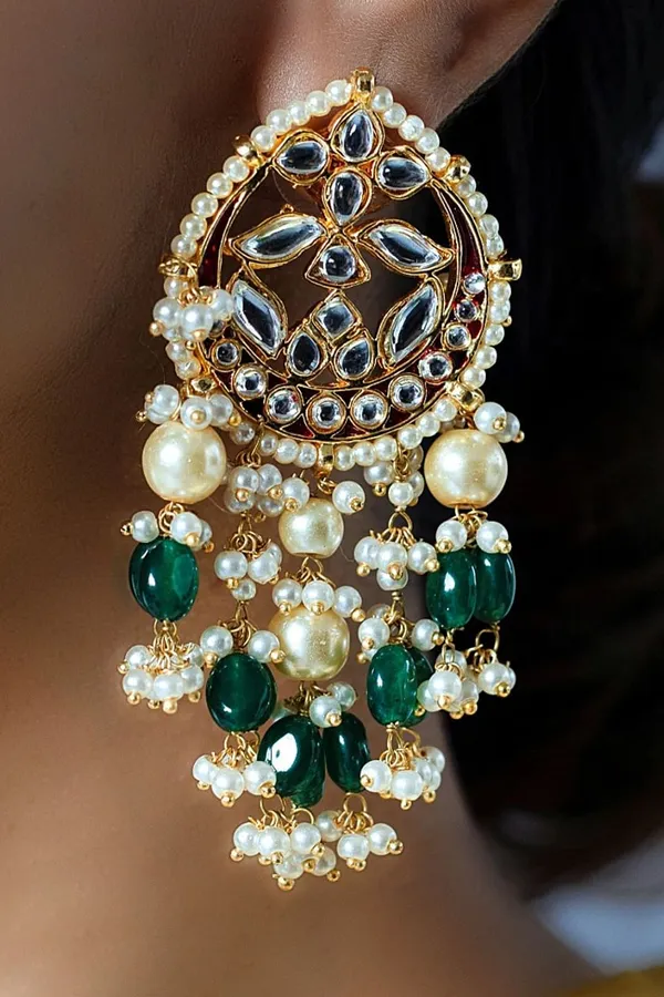 Red And Green Meena Pearl Drops Dangler Earrings