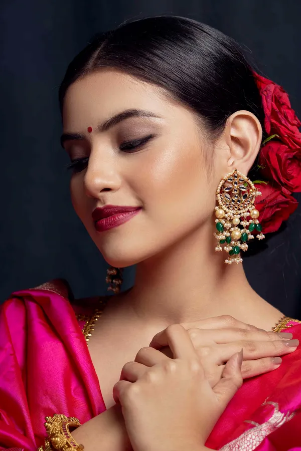 Red And Green Meena Pearl Drops Dangler Earrings