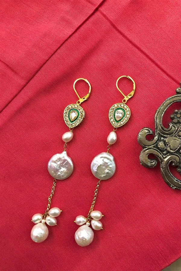 Green Zirconia Pearl Drops Dangler Earrings