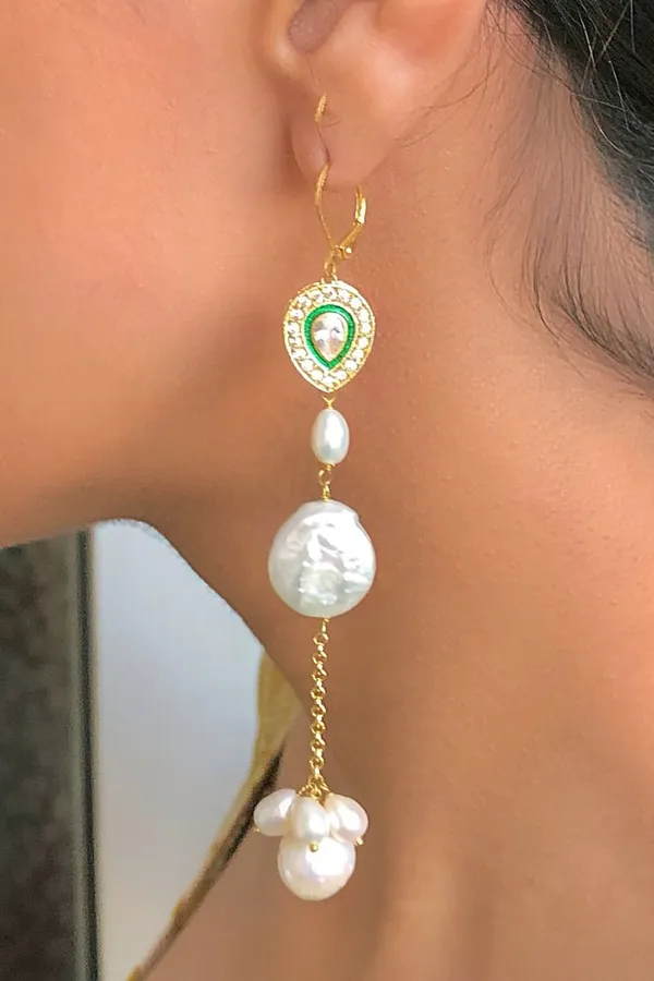 Green Zirconia Pearl Drops Dangler Earrings