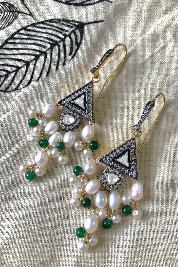 Triangle Zirconia Green Pearl Drop Dangling Earrings