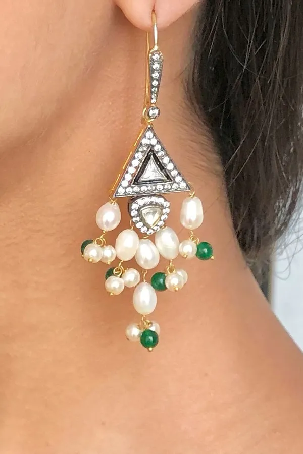 Triangle Zirconia Green Pearl Drop Dangling Earrings