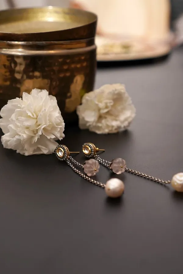 Rose Quarts Pearl Dangling Earrings