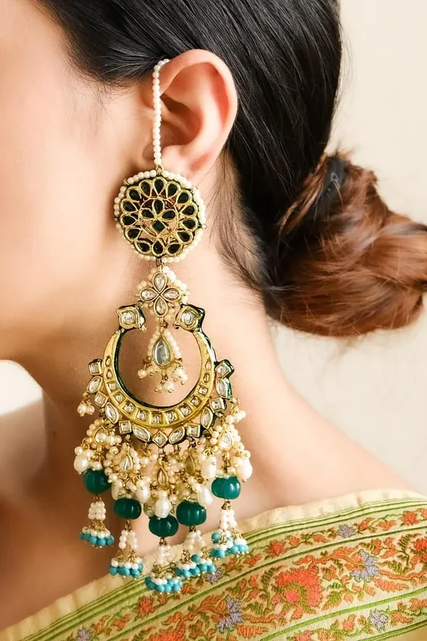 Statement Kundan Chandbali Feroza Green Drops Earrings