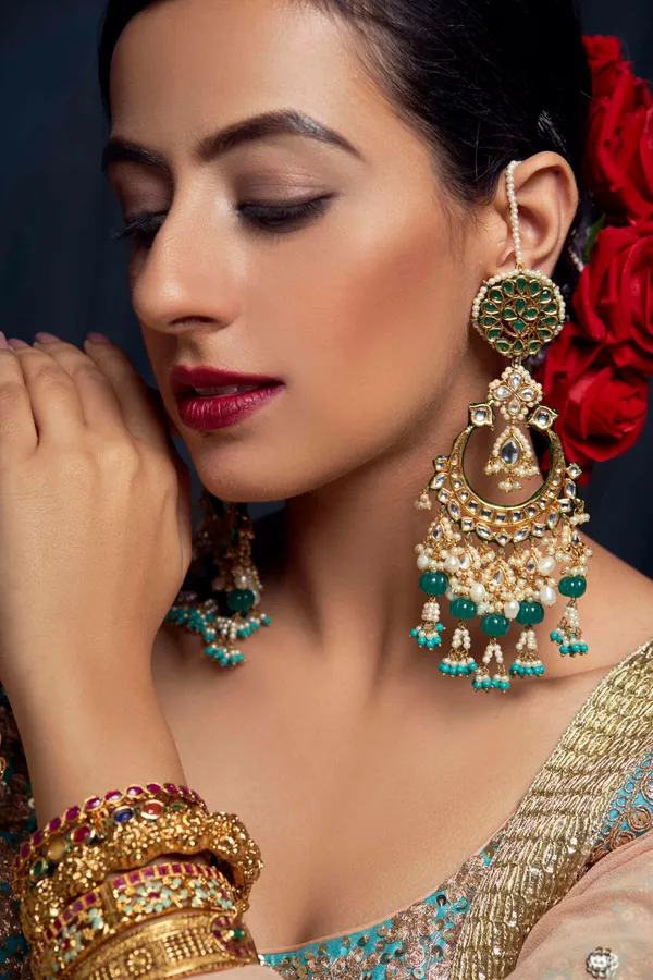 Statement Kundan Chandbali Feroza Green Drops Earrings