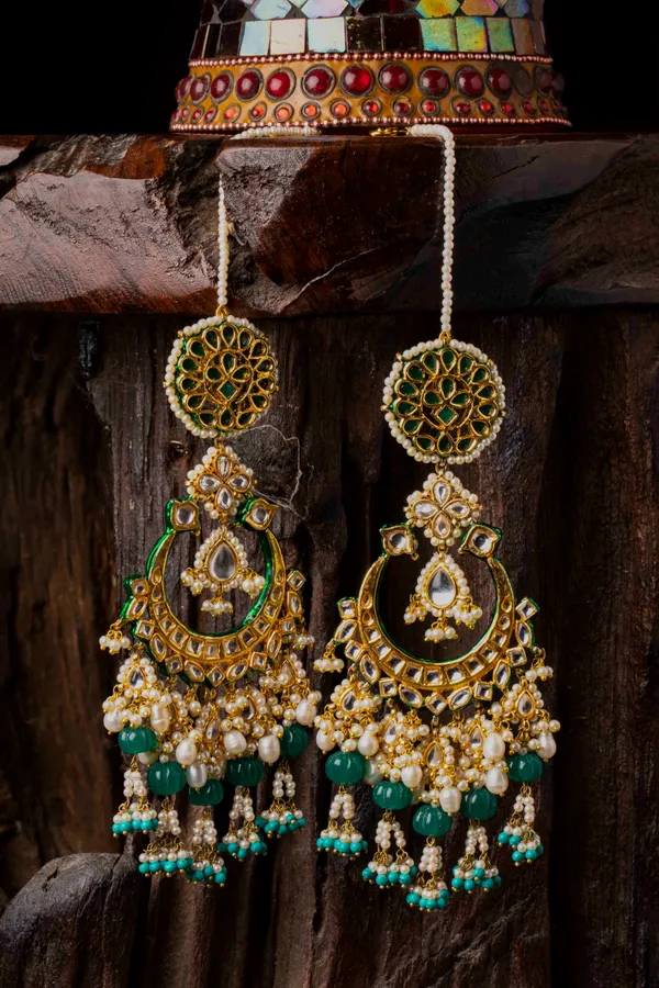 Statement Kundan Chandbali Feroza Green Drops Earrings