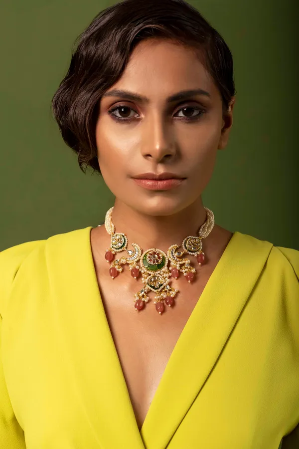 Red Star Motif Kundan Cocktail Ring & Necklace Set