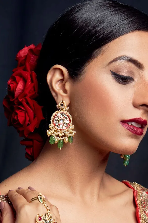 Red Rounds Green Drop Dangler Earrings