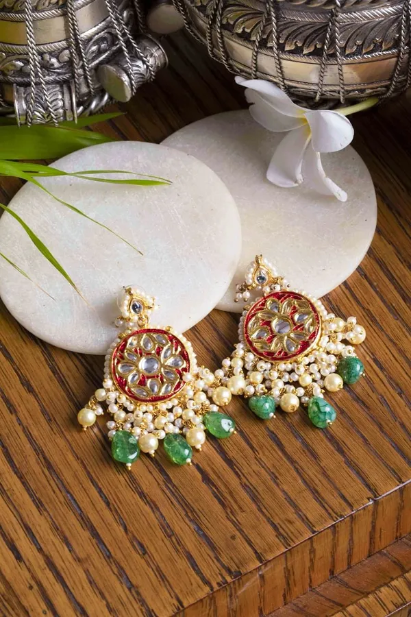Red Rounds Green Drop Dangler Earrings