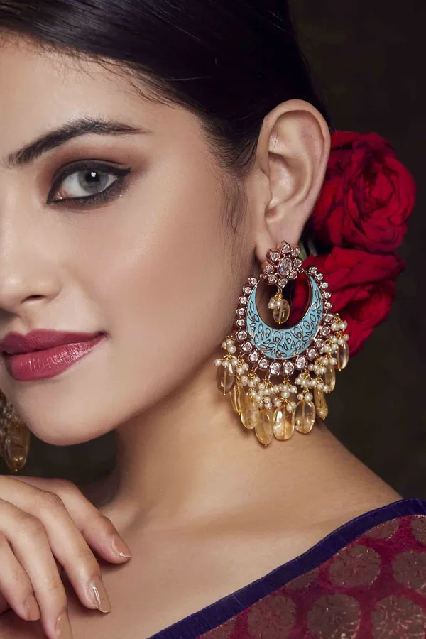 Light Blue Yellow Drops Chandbali Earrings