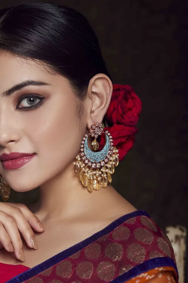 Light Blue Yellow Drops Chandbali Earrings